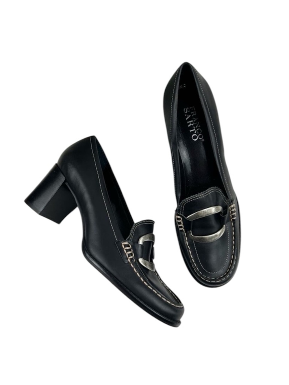 Franco Sarto Black Leather Heeled Loafers with Silver-Tone Hardware Size 7.5